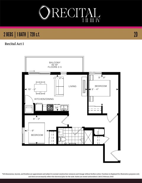 A floor plan for a 2 bedroom, 1 bathroom apartment with balcony.